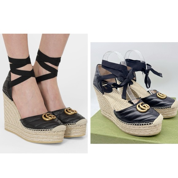 Gucci Shoes - Gucci GG Marmont Platform MATELASSÉ Wedge Heels Espadrille Black Leather EU 40.5